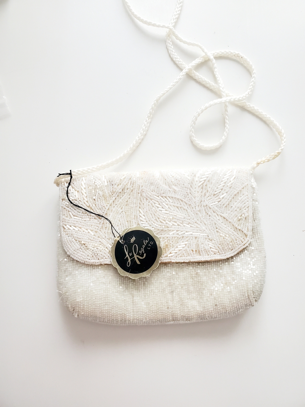 Handcrafted Vintage White Beaded Crossbody Bag